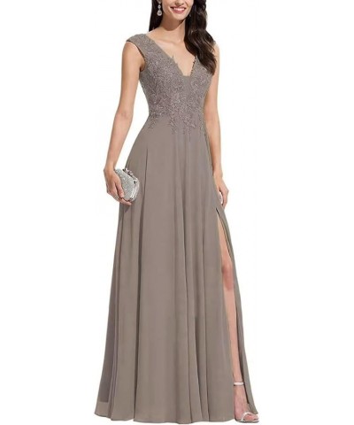 Chiffon Bridesmaid Dresses with Slit V-Neck Mother of Bride Dress Laces Applique Elegant A-line Formal Evening Dresses Taupe ...