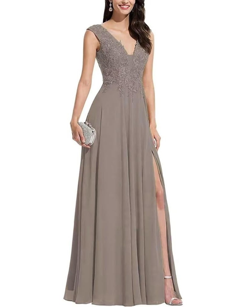 Chiffon Bridesmaid Dresses with Slit V-Neck Mother of Bride Dress Laces Applique Elegant A-line Formal Evening Dresses Taupe ...