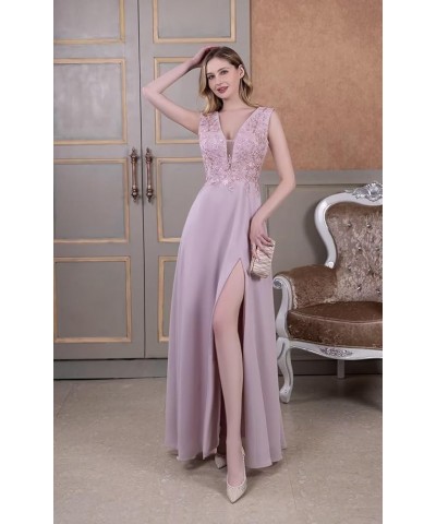 Chiffon Bridesmaid Dresses with Slit V-Neck Mother of Bride Dress Laces Applique Elegant A-line Formal Evening Dresses Taupe ...