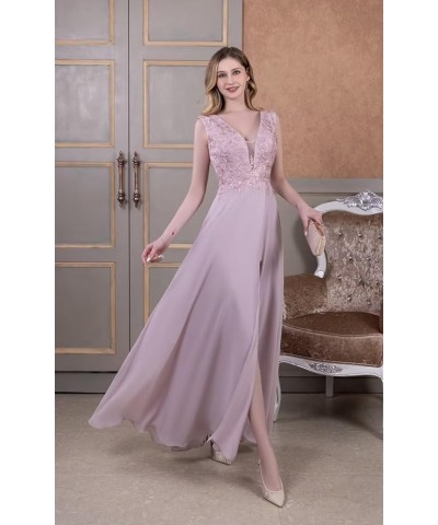 Chiffon Bridesmaid Dresses with Slit V-Neck Mother of Bride Dress Laces Applique Elegant A-line Formal Evening Dresses Taupe ...