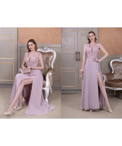 Chiffon Bridesmaid Dresses with Slit V-Neck Mother of Bride Dress Laces Applique Elegant A-line Formal Evening Dresses Taupe ...