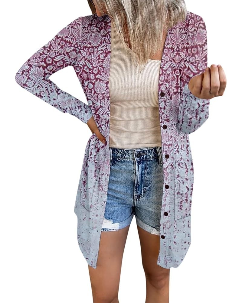 Cardigan Sweaters for Women Dressy Casual Long Sleeve Sweater Coat Loose Fall Open Front Jacket Printed Outwear Tops 1-purple...