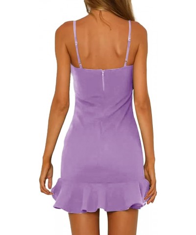 Women's Spaghetti Straps Sleeveless Ruffle Trim Sexy Bodycon Club Mini Dress Light Purple $18.62 Dresses