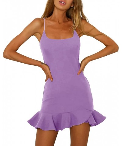 Women's Spaghetti Straps Sleeveless Ruffle Trim Sexy Bodycon Club Mini Dress Light Purple $18.62 Dresses