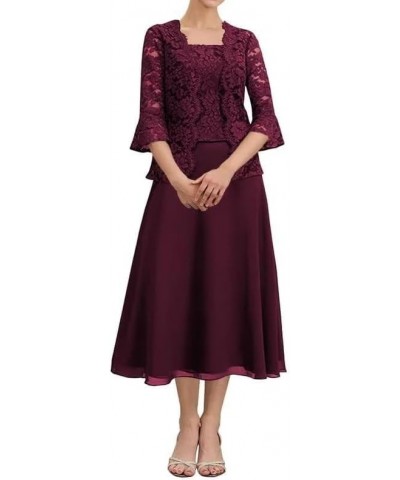 Tea Length Mother of The Bride Dresses with Jacket Lace Chiffon Formal Dress for Wedding Guest Wine Red $32.17 Dresses