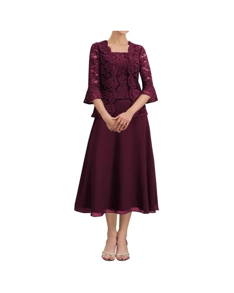 Tea Length Mother of The Bride Dresses with Jacket Lace Chiffon Formal Dress for Wedding Guest Wine Red $32.17 Dresses