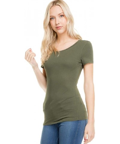 Women's T Shirt - Casual Basic Short Sleeve Round Neck Slim Fit Solid Classic Stretch Summer Tunic Tee Top Olive Lkt1005le $7...