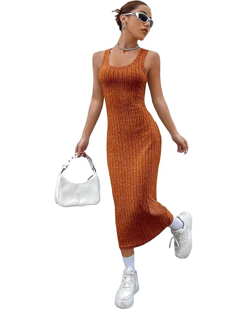 Women's Casual Sleeveless Scoop Neck Tank Dress Solid Ribbed Knit Bodycon Long Dresses Brown $10.78 Dresses