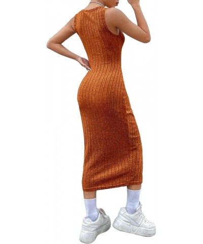 Women's Casual Sleeveless Scoop Neck Tank Dress Solid Ribbed Knit Bodycon Long Dresses Brown $10.78 Dresses