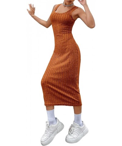 Women's Casual Sleeveless Scoop Neck Tank Dress Solid Ribbed Knit Bodycon Long Dresses Brown $10.78 Dresses