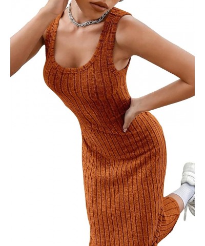 Women's Casual Sleeveless Scoop Neck Tank Dress Solid Ribbed Knit Bodycon Long Dresses Brown $10.78 Dresses