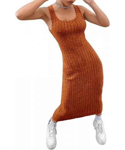 Women's Casual Sleeveless Scoop Neck Tank Dress Solid Ribbed Knit Bodycon Long Dresses Brown $10.78 Dresses