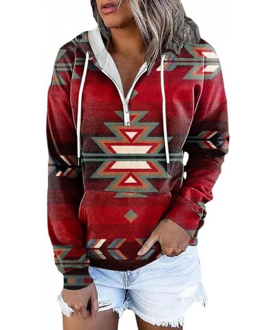 Women's Aztec Hoodies Western Pullovers Tops Button Hooded Neck Sweatshirt Ethnic Style Long Sleeve T Shirts B-red $13.20 Hoo...