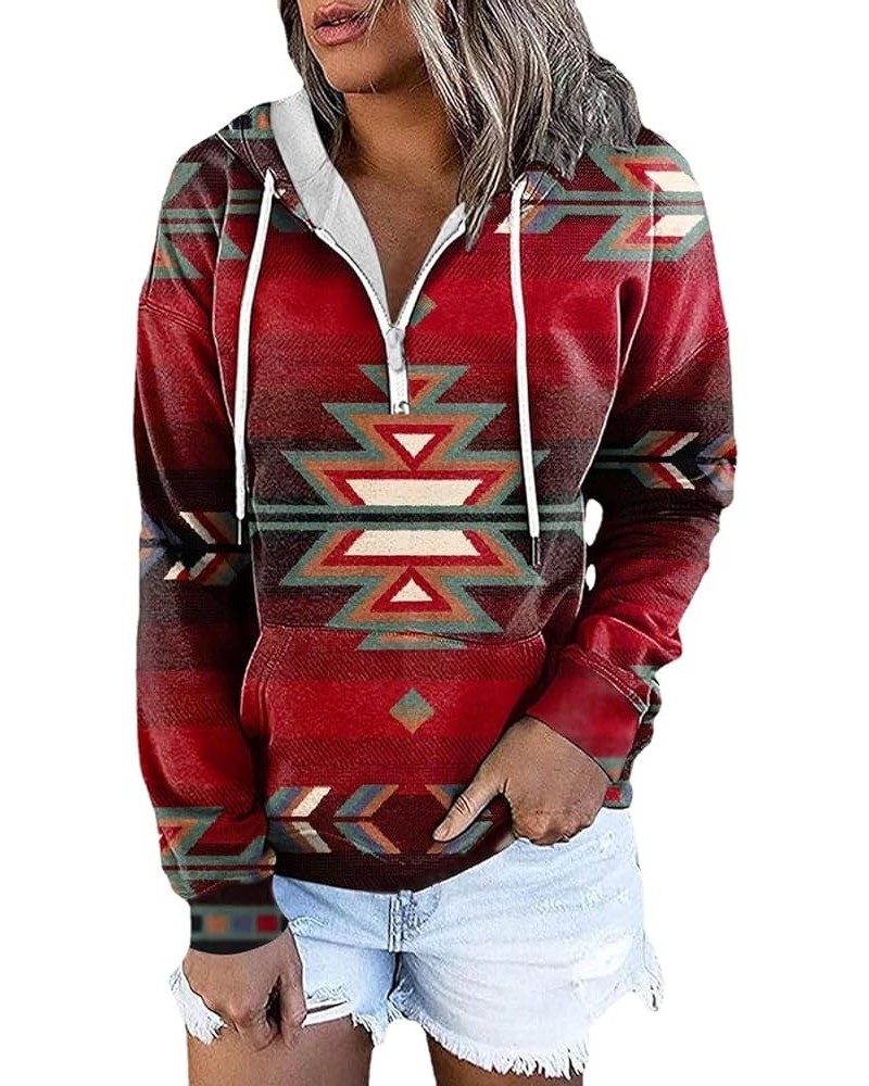 Women's Aztec Hoodies Western Pullovers Tops Button Hooded Neck Sweatshirt Ethnic Style Long Sleeve T Shirts B-red $13.20 Hoo...