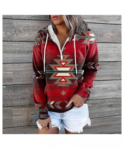 Women's Aztec Hoodies Western Pullovers Tops Button Hooded Neck Sweatshirt Ethnic Style Long Sleeve T Shirts B-red $13.20 Hoo...