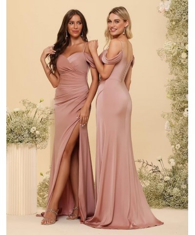 Cold Shoulder Bridesmaid Dresses for Women Mermaid Satin Pleated Formal Party Dress with Slit CR061 Burgundy $36.75 Dresses