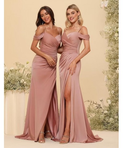 Cold Shoulder Bridesmaid Dresses for Women Mermaid Satin Pleated Formal Party Dress with Slit CR061 Burgundy $36.75 Dresses