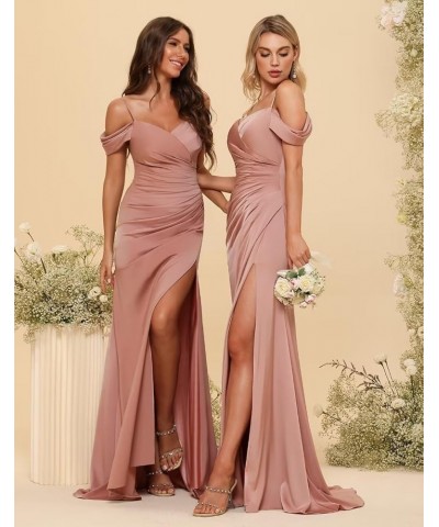 Cold Shoulder Bridesmaid Dresses for Women Mermaid Satin Pleated Formal Party Dress with Slit CR061 Burgundy $36.75 Dresses