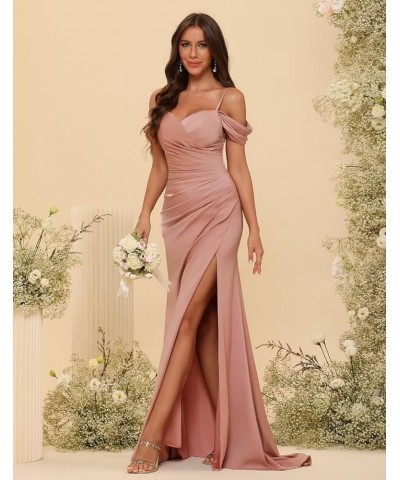 Cold Shoulder Bridesmaid Dresses for Women Mermaid Satin Pleated Formal Party Dress with Slit CR061 Burgundy $36.75 Dresses