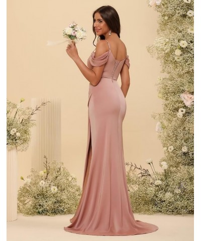 Cold Shoulder Bridesmaid Dresses for Women Mermaid Satin Pleated Formal Party Dress with Slit CR061 Burgundy $36.75 Dresses