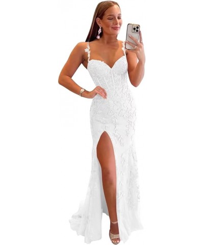 Women's Lace Mermaid Prom Dresses Long with Slit Spaghetti Straps Backless Formal Evening Gowns White $43.98 Dresses